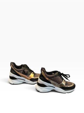 Michael Kors Mickey Trainer Sneakers Black Gold Rose Gold Glitter Mesh Size 7.5